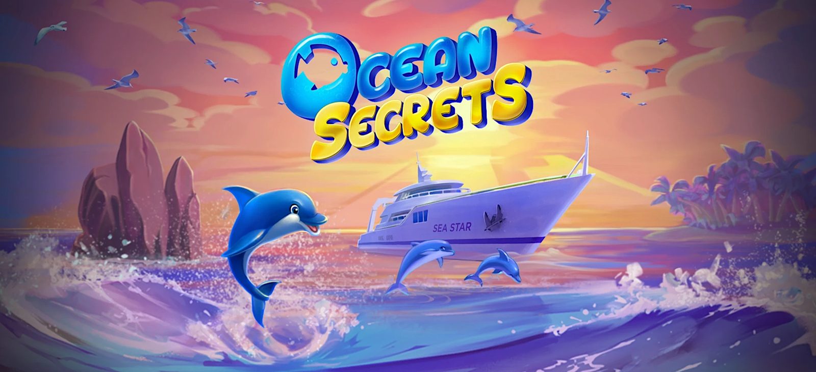 Ocean Secrets key art: a dolphin leaps out of the sea next to the yacht Sea Star at sunset